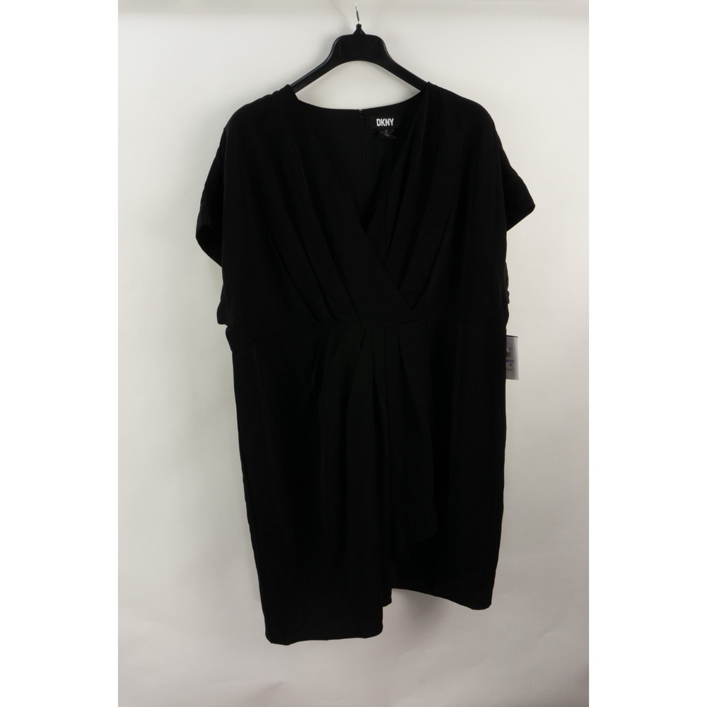 $139 DKNY Pleated Faux Wrap Surplice V-Neck Short Sleeve Black Dress Size 22W